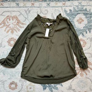Anthropologie Olive Silky Top with Button Sleeve details